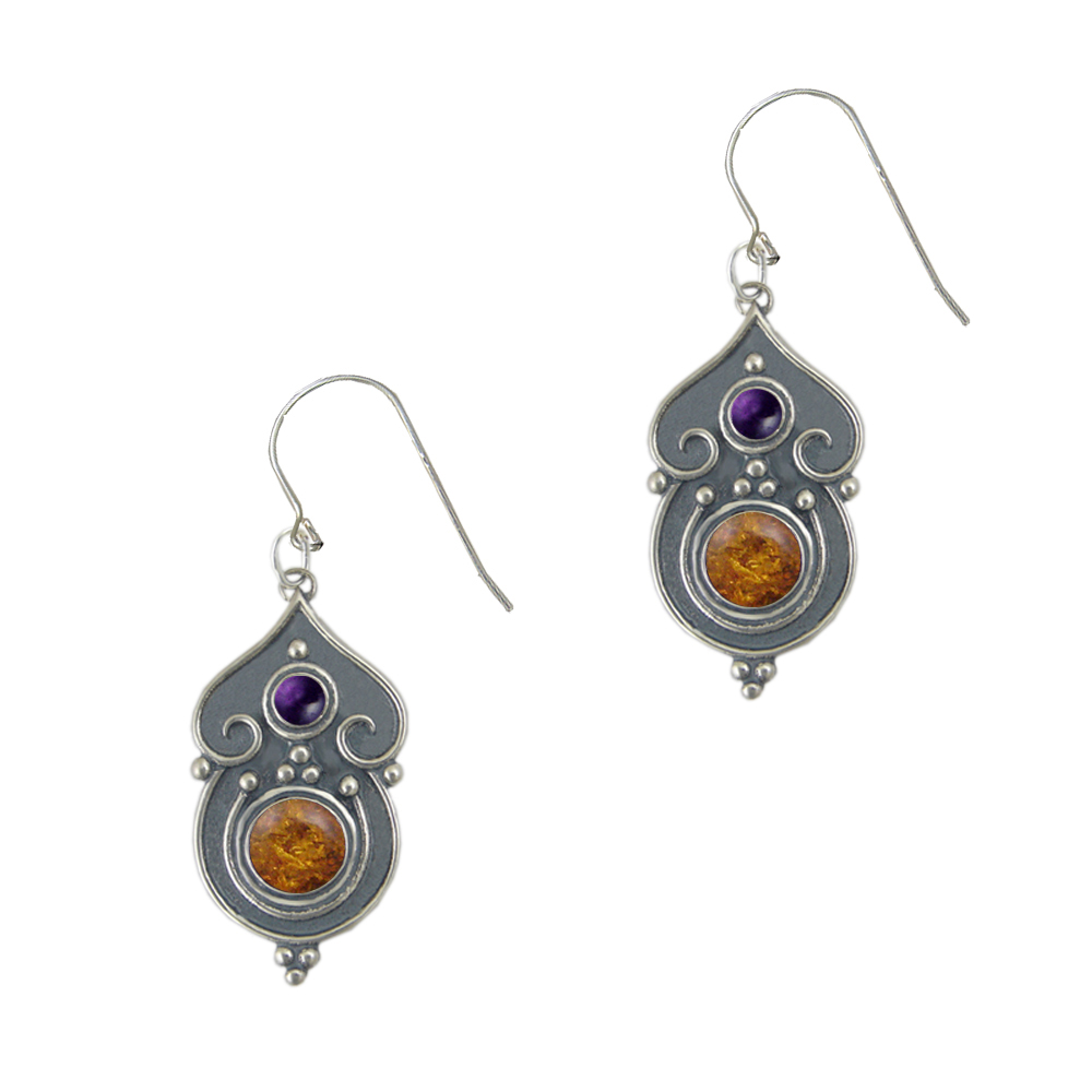 Sterling Silver Gothic Inspired Drop Dangle Earrings With Amber And Amethyst